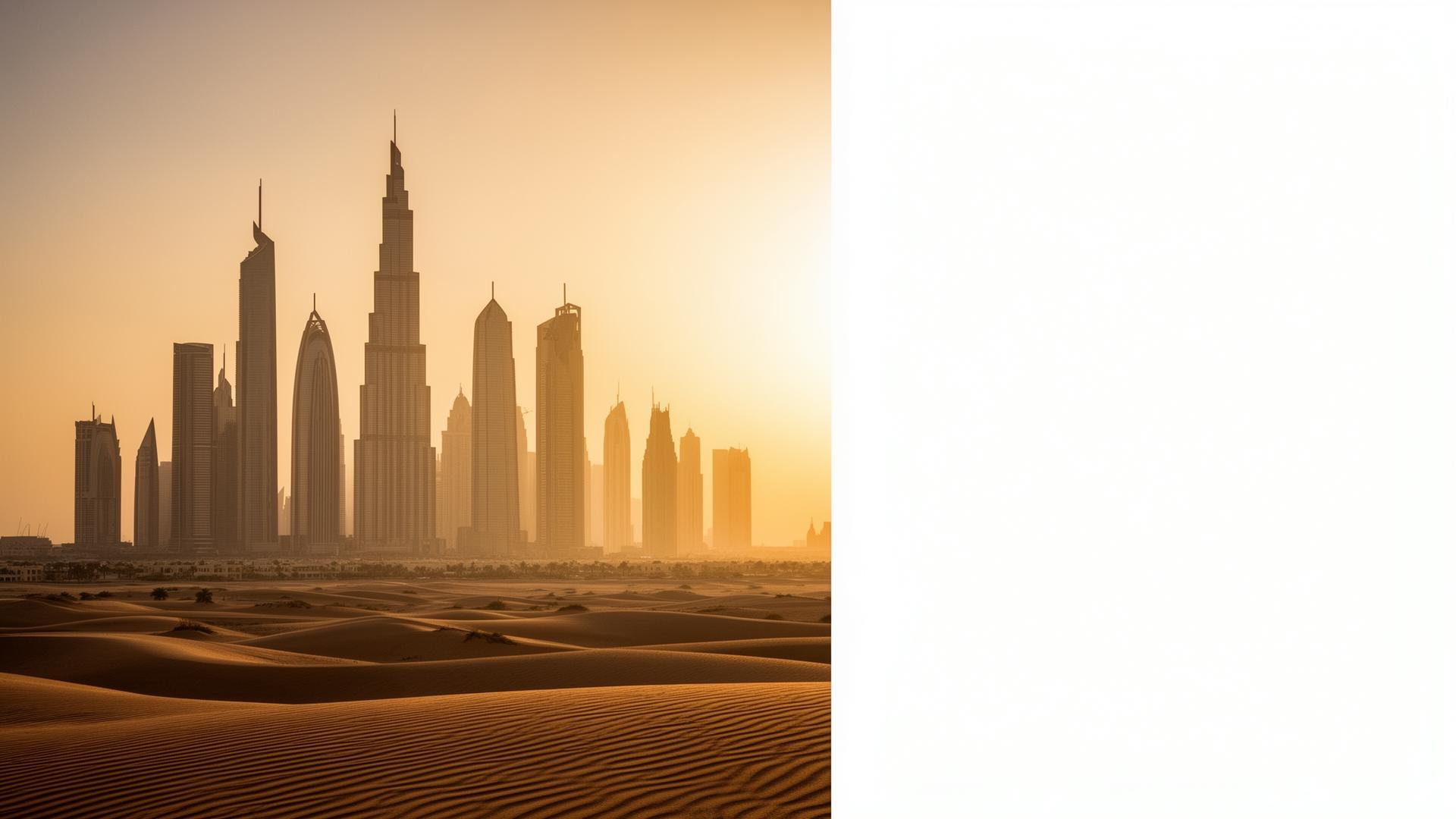 Middle East skyline at golden hour over warm desert sands